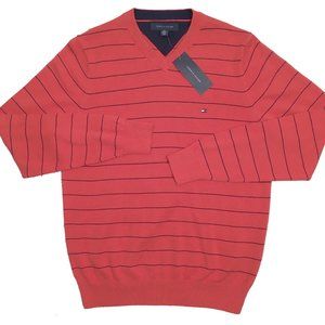 NEW Tommy Hilfiger Sweater! Pinkish Red Black Stripes V Neck Tommy Flag on Chest